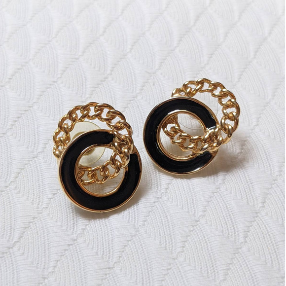 Vintage 80's Gold Tone & Black Post Earrings, Interlocking Circles, Avant Garde - Picture 7 of 7
